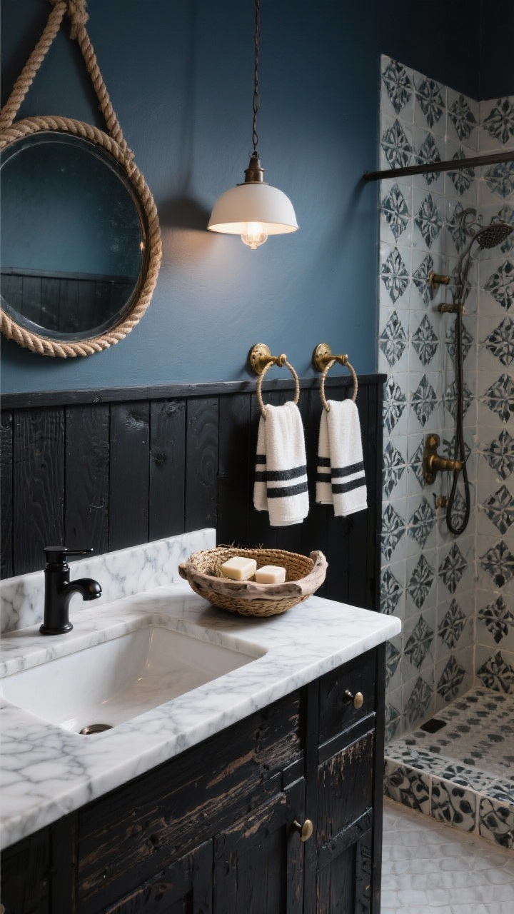 Photorealistic overhead/angled detail of coastal noir elements: storm-cloud blue wall meeting a black shiplap accent behind a weathered black wood vanity; veined quartz countertop with a matte black bridge faucet; ink-wash zellige shower tiles shifting tone in the light visible nearby; aged brass hooks holding subtly striped sand-white and black towels; rope-detailed pendant and round porthole mirror partially in frame; driftwood bowl with soaps and a seagrass basket. Stormy, after-dusk coastal mood.