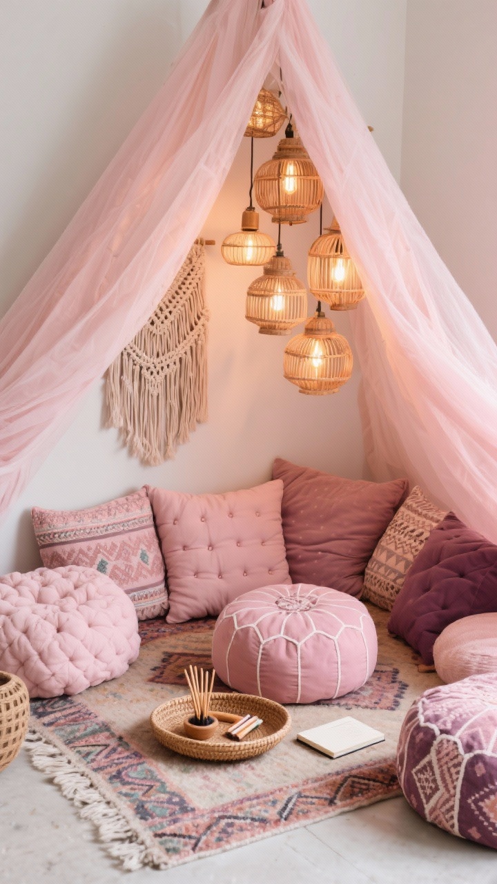 Photorealistic overhead/angled detail shot: a Boho Blush hideaway under a gauzy blush canopy draped from the ceiling, creating a tented nook. Layered floor cushions in mixed pinks—blush, dusty rose, mauve—surround a stack of patterned poufs for flexible seating. A tufted Moroccan rug provides plush texture beneath. A macramé wall hanging and a cluster of rattan lantern pendants with warm Edison-style bulbs add handcrafted charm. A low rattan tray holds incense, matches, and a small journal near the coziest cushion; soft, cocooned glow; no people.