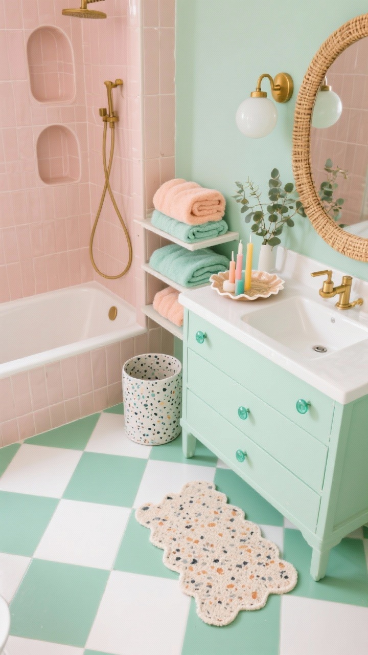 Photorealistic overhead/angled detail shot, Playful Pastel Boho: sage-and-cream checkerboard floor as the hero; soft pistachio-painted vanity with minty glass knobs; rattan-framed mirror reflecting glossy blush shower tiles with curved niches; fluffy peach and mint towels stacked on open shelves; wavy-edge bath mat and a speckled terrazzo waste bin; opal globe sconces with brass collars providing bright, even light; color-dipped candles, scalloped tray, airy eucalyptus stems; cheerful, fresh vibe; no people.