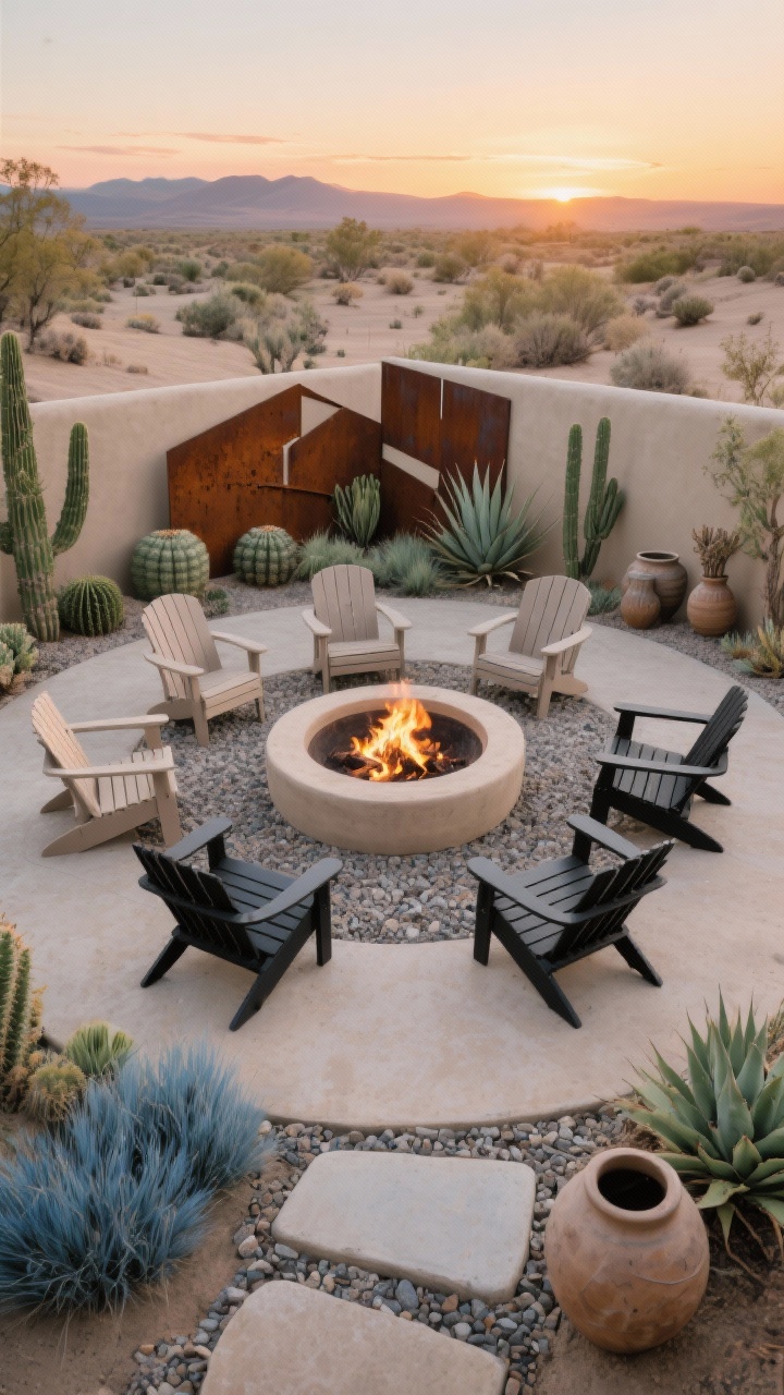 Photorealistic overhead/angled shot of a desert chic fire pit circle at sunset: circular seating zone on crushed granite with concrete stepping stones, smooth stucco round fire pit centered and lit, low-slung Adirondack chairs in muted taupe and matte black arranged around, drought-savvy plantings—agaves, barrel cactus, yucca, drifts of blue fescue—sculptural pottery, and a rusted Corten steel screen adding geometric backdrop; palette of sand, bone, iron, cactus green; warm ember glow across gravel textures.