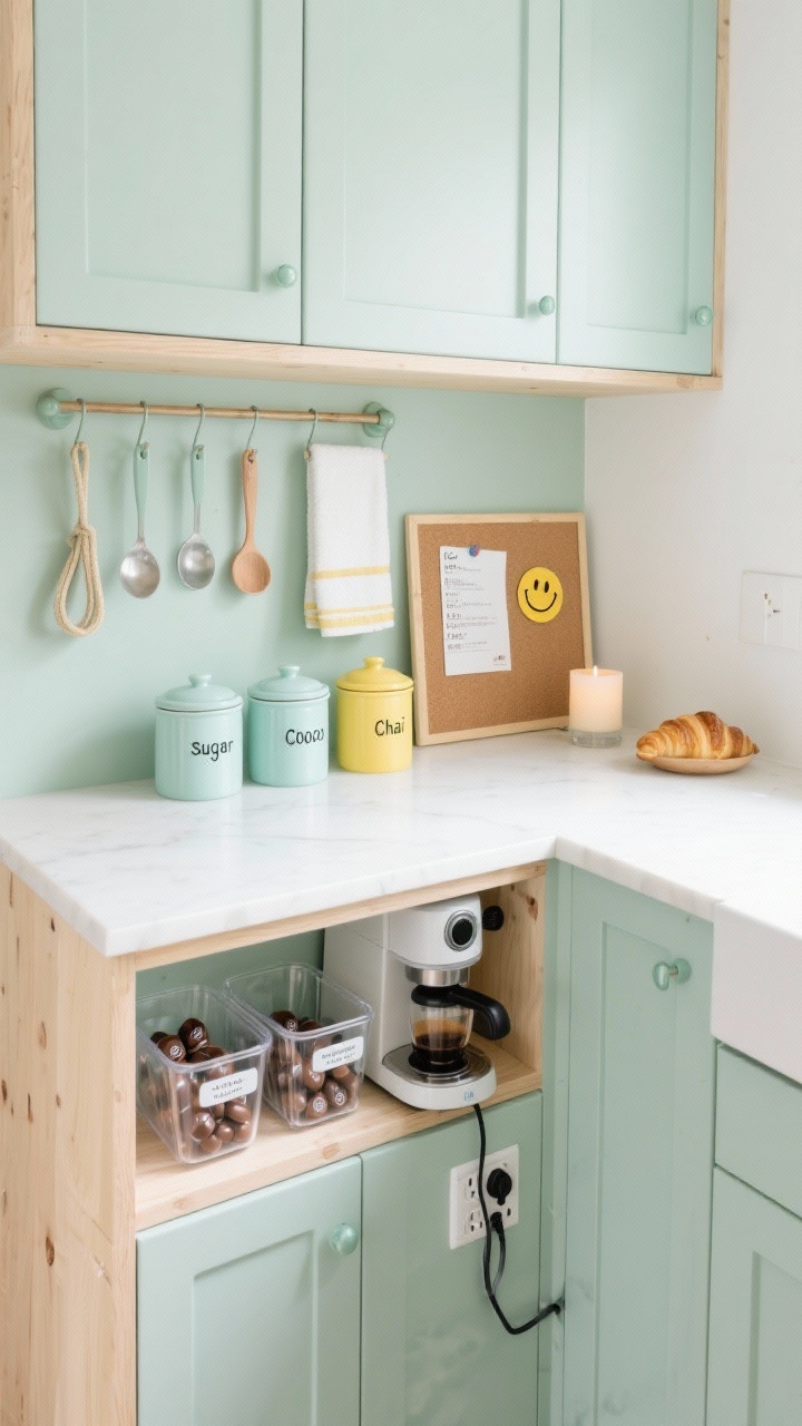 Photorealistic overhead detail shot: a Scandi pastel pantry interior painted soft mint, with birch plywood construction and powder-coated hardware; peg rails on the doors holding measuring spoons and towel loops; slide-out shelf with compact espresso machine plugged into a built-in power strip for clean cord management; clear frosted acrylic bins organizing pods by roast; pastel ceramic canisters labeled sugar, cocoa, chai; small corkboard with recipe cards and a smiley magnet; palette of mint, butter yellow, white, birch; bright, even task lighting; hint of almond croissant candle nearby