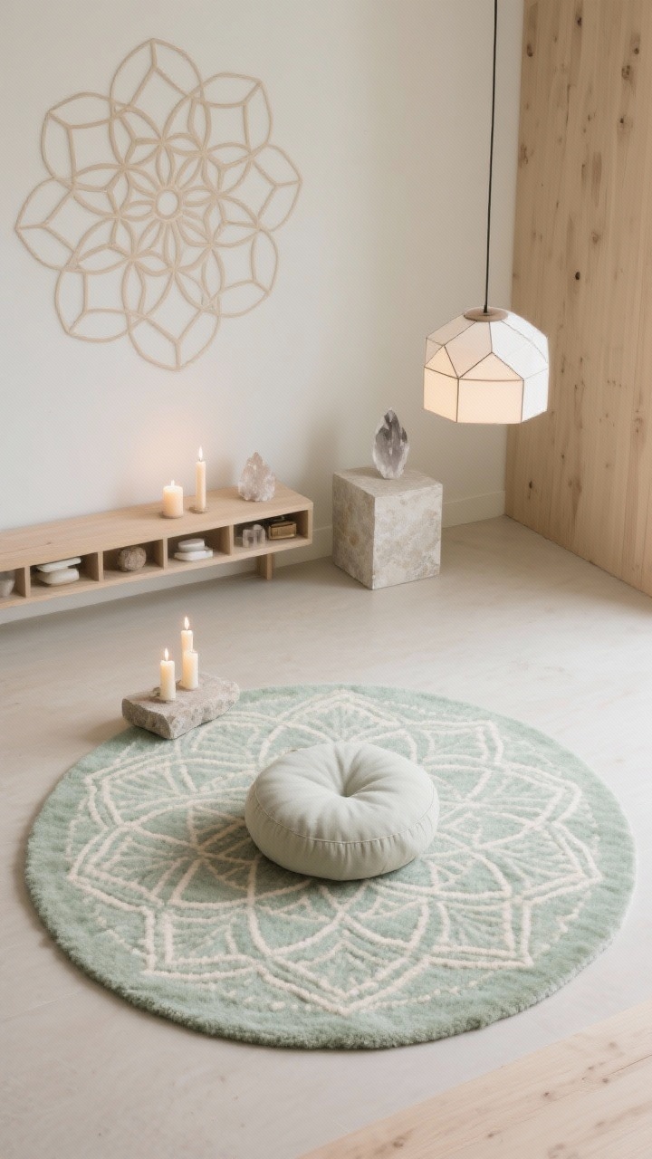 Photorealistic overhead detail shot centered on sacred geometry: a round or mandala-patterned wool rug on a soft putty/pale sage floor setting, with a meditation cushion placed precisely in the middle. Above (partially visible) a subtle geometric wall decal or light-wood art piece (Flower of Life or minimalist hexagon grid) aligns with the center. Accessories are precisely arranged: a triad of candles on a stone slab, a crystal cluster on a small plinth, and a low cube shelf with neatly arranged essentials. Pendant light with a geometric shade casts gentle, even illumination. Colors: sage, putty, pale wood, ivory; textures: wool, stone, smooth wood; balanced and intentional; no people.
