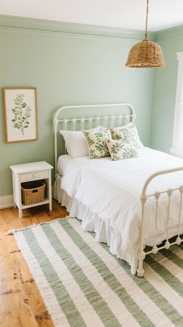 Photorealistic overhead detail shot focusing on pattern and texture: a striped cotton rug running under the bed to elongate the floor, floral block-print pillows in sage and cream atop white bedding, hints of pale sage walls with a slightly deeper painted ceiling edge visible; corner of a white iron bed frame, skirted nightstand with hidden baskets peeking from beneath; botanical art in slim wood frames partially in frame, wicker pendant casting soft natural light; palette of sage, cream, and honey wood tones; airy cottage mood.