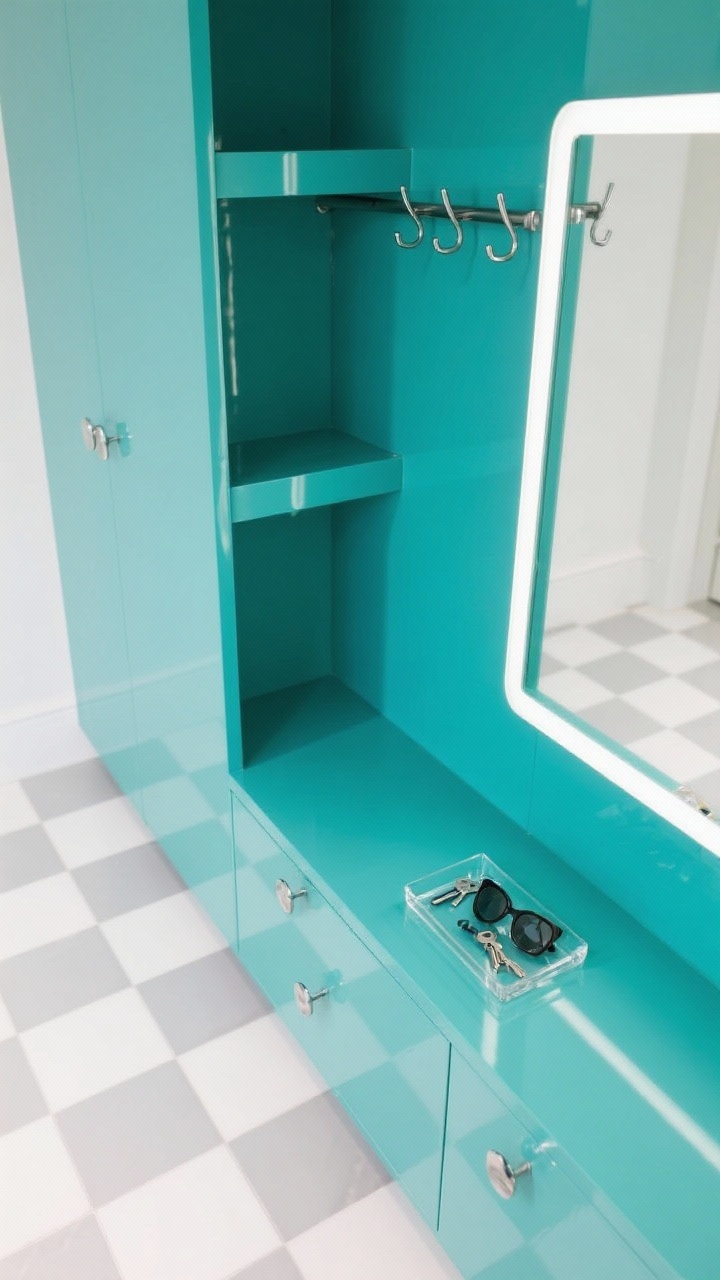 Photorealistic overhead detail shot: glossy high-gloss teal cubby interior with crisp reflections, a minimal rail of flush hooks and sleek brushed nickel pulls; below, a checkerboard floor in white and light gray laid on the diagonal; a slim acrylic tray holding keys and sunglasses on a shelf; edge of a long frameless LED-lit mirror catching light; bold, polished, wipeable surfaces; bright, even lighting to accent gloss and geometry.