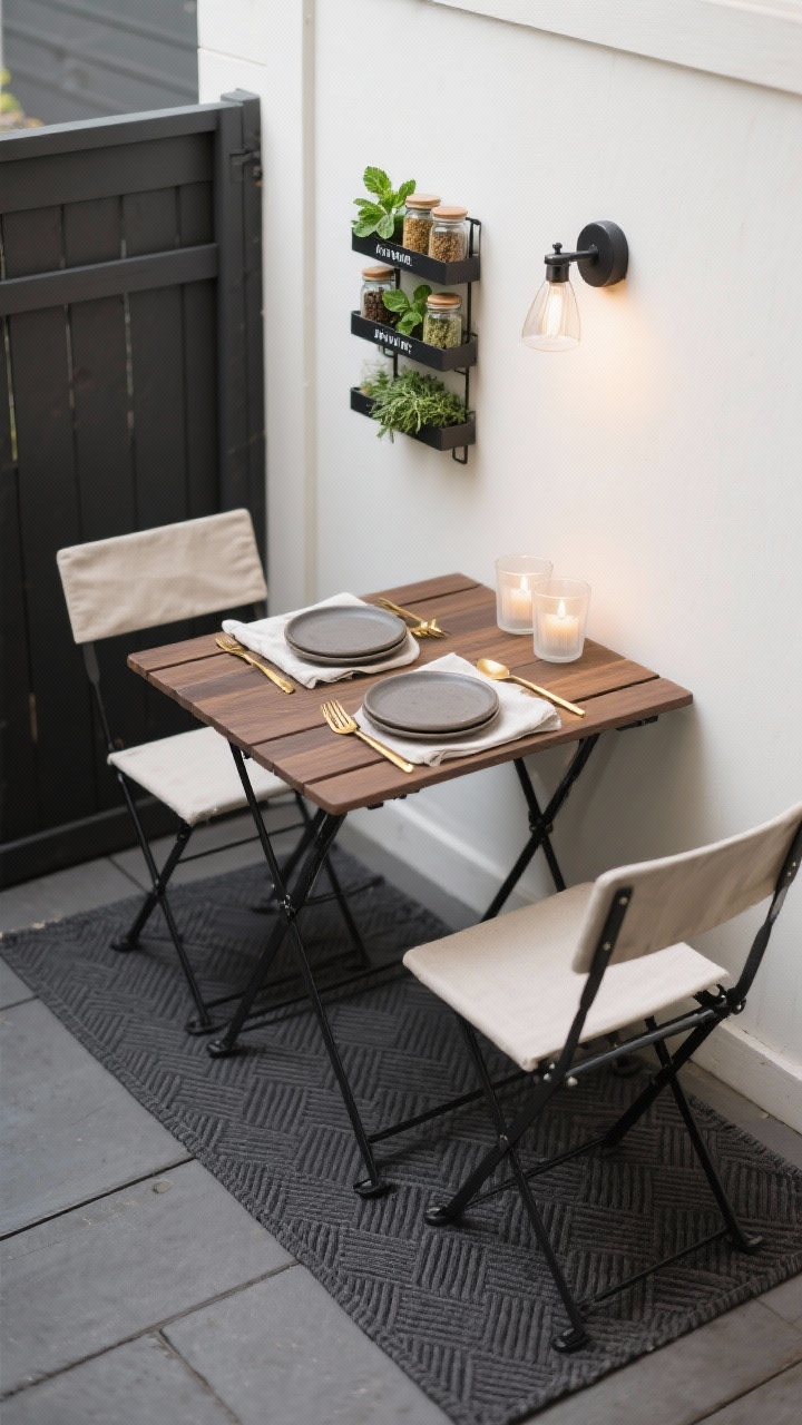 Photorealistic overhead detail shot of a Compact Alfresco Dining Corner; fold-down wall-mounted table in walnut open with two slim canvas director’s chairs tucked close; charcoal herringbone outdoor runner below; tabletop styled with stoneware plates, linen napkins, and matte gold flatware; vertical spice rack on the wall with labeled jars of mint, basil, and thyme; clip-on sconce casting focused light; votive trio in frosted cups providing intimate glow; palette of charcoal, walnut, cream; clean, modern, renter-friendly vibe.