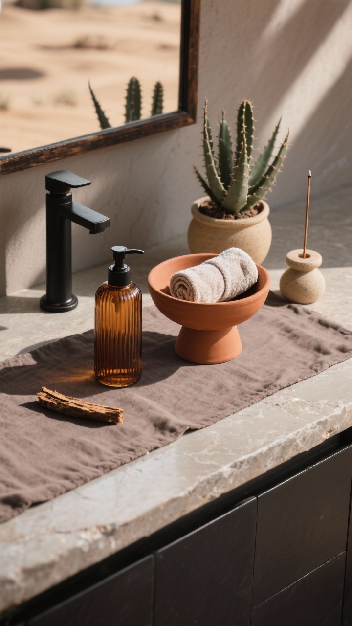 Photorealistic overhead detail shot of a desert minimalist setup: terracotta pedestal bowl centered, neatly rolled hand towels inside; a ribbed amber glass soap dispenser nearby; a low cactus or aloe in a sandy ceramic pot; stoneware incense holder with a stick of palo santo. Items rest on a taupe linen runner over stone countertop. Hardware in matte black/oil-rubbed bronze visible at frame edge. Palette: clay, taupe, charcoal. Sun-warmed natural light, crisp shadows, dry textures emphasized.