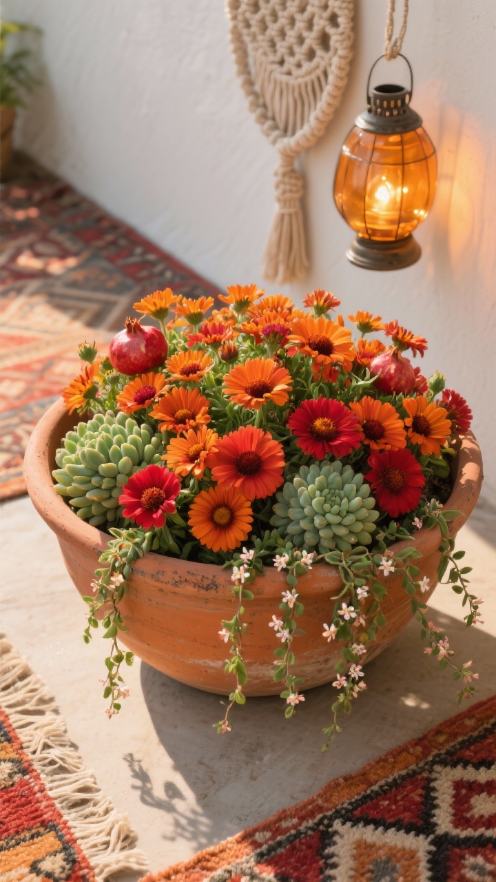 Photorealistic overhead detail shot of a low, wide clay bowl container. Dense mounds of Blanket Flower (Gaillardia) in hot oranges and pomegranate red fill the center, with chunky Sedum heads adding succulent texture; trailing Portulaca drapes over the rim like fringe. The clay shows warm, weathered texture. Include a corner of a patterned outdoor rug and a nearby macramé hanger and amber-glass lantern catching sun. Palette: burnt orange, red, chartreuse, warm clay. Harsh, golden full-sun lighting emphasizing saturated color.
