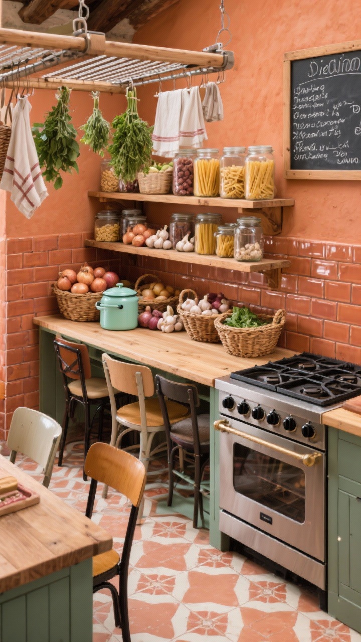 Photorealistic overhead detail shot of a market-fresh Tuscan prep zone: warm terracotta wall edge in view, butcher-block counters crowded with open pine shelving above; glass jars of dried pasta, woven baskets of onions and garlic, bright enamelware; encaustic-style floor tiles in soft clay-and-cream geometric pattern peeking at frame edge; glossy paprika-toned brick subway backsplash at the stove; ceiling-mounted drying rack with hanging herbs and linens; mismatched cafe chair backs partially visible; utilitarian black knobs; chalkboard menu with handwritten dinner notes.