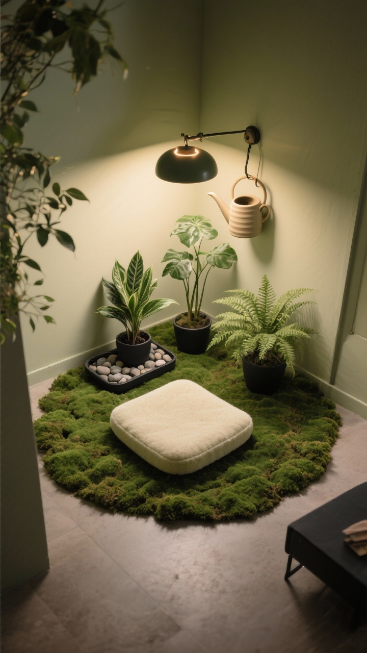 Photorealistic overhead detail shot of a micro garden meditation pod: moss-colored rug base with a soft foam kneeling pad in deep forest/moss. Three small plants of varying heights grouped in the corner—ZZ plant, pothos, petite fern—one on a pebble tray under the fern for humidity. Ceramic watering can as decor. Clip-on grow light above with warm filter casting gentle illumination. Colors: forest green, moss, cream, matte black accents. Materials: ceramic, foam, cotton, living plants. Lush, restorative atmosphere.