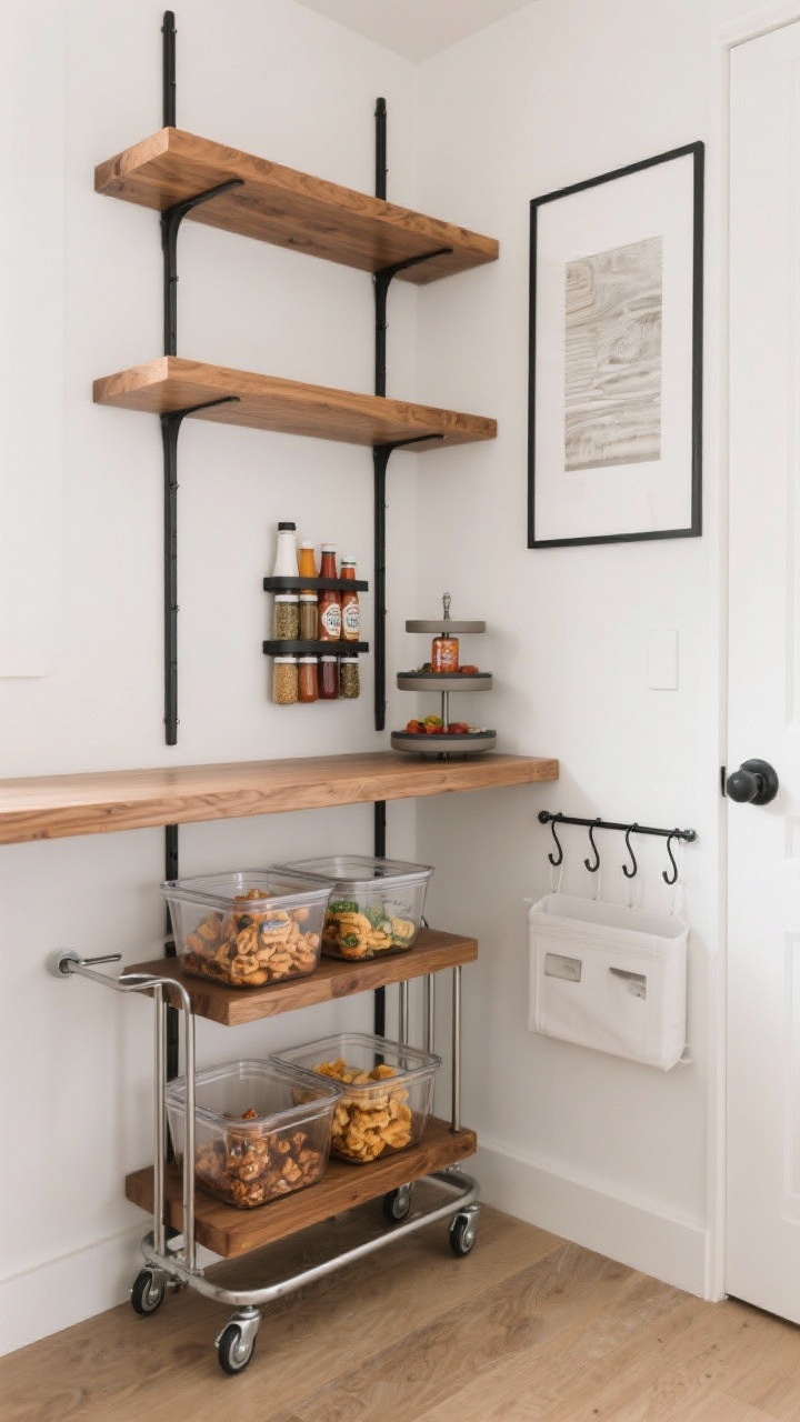 Photorealistic overhead detail shot of a micro pantry nook: warm oak open shelves against a white wall with slim matte black wall rails. A compact rolling cart tucked under the bottom shelf; clear bins with grab-and-go snacks; a tiered lazy Susan of sauces; a wall-mounted spice rack to save surface space. Include over-door organizer and under-shelf hooks at the edge of frame, and a narrow framed print to make the nook feel intentional. Clean, efficient, modern.
