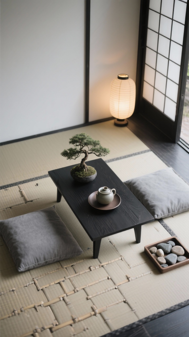Photorealistic overhead detail shot of a minimal Zen tea setup: interlocking bamboo tiles partially covered by a thin neutral tatami-style mat. Two floor cushions in stone gray flank a low black wood tea table with a single bonsai and a ceramic tea set. A slim shoji-inspired screen edges one side; a shallow tray of smooth river stones provides a grounding accent. Warm glow from rice paper lanterns just outside the frame casts soft light. Restrained palette of charcoal, sand, and soft white, clean lines and quiet mood.