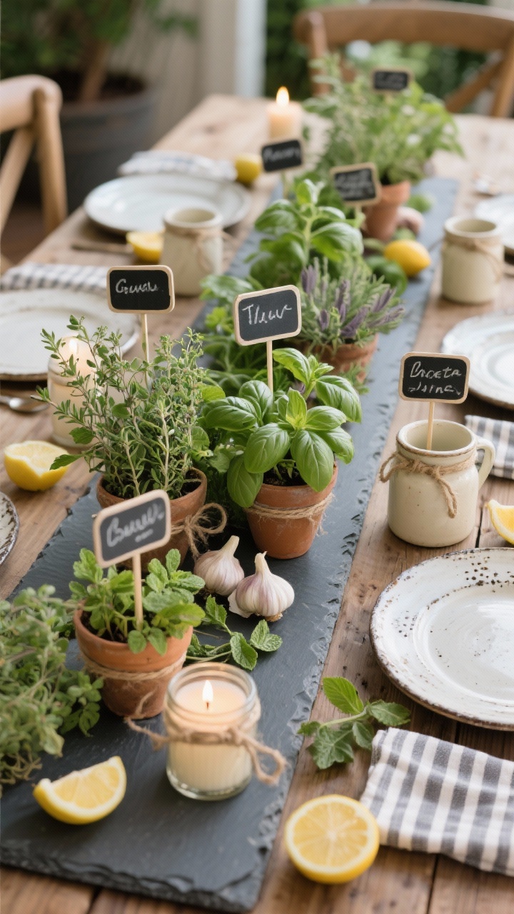 Photorealistic overhead detail shot of a rustic herb garden supper: a slate runner (or row of slate boards) spans the table, topped with potted herbs—basil, thyme, mint, sage—arranged densely for plucking. Garlic bulbs and lemon halves are casually scattered, creating an edible still life. Place settings include ironstone plates, cream crocks as drinking vessels, and striped tea towel napkins. Little chalkboard stakes label each herb. Mason jar candles tied with twine cast a soft farmhouse glow. Fresh, interactive, and generous atmosphere.