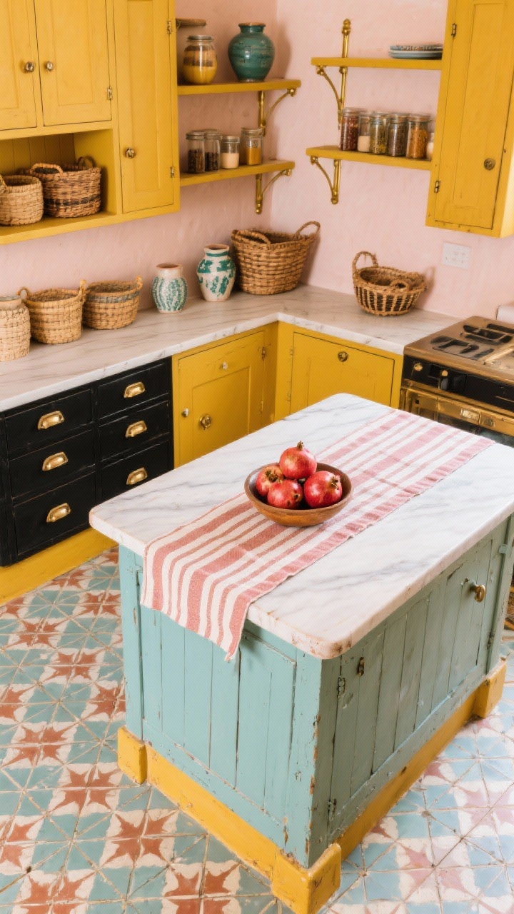 Photorealistic overhead detail shot of a vintage butcher’s table island styled with a striped runner and a bowl of pomegranates, surrounded by patterned encaustic tile flooring in dusty teal, russet, and cream; glimpses of mustard/marigold cabinet bases at frame edge, open brass shelving stacked asymmetrically with handwoven baskets, spice jars, and painted pottery; limewash walls in rosy beige creating soft movement; mixed hardware (black on drawers, brass on doors) subtly visible; bright market-day lighting.