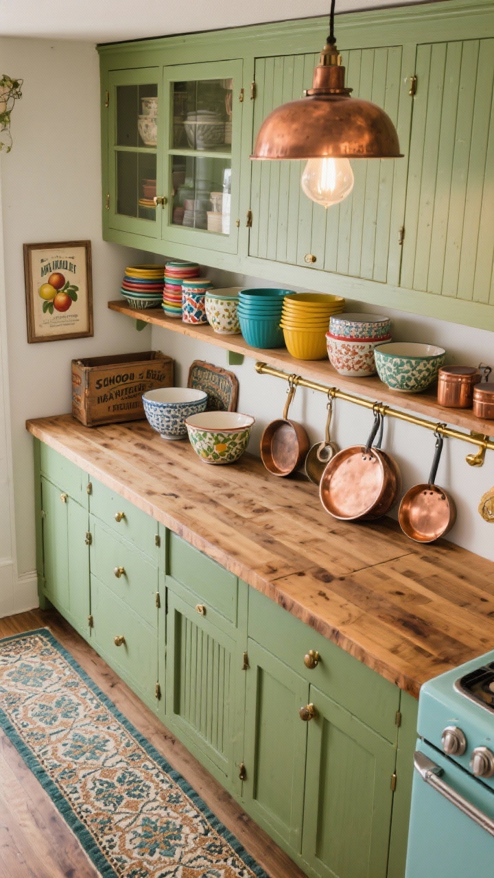 Photorealistic overhead detail shot of an eclectic vintage market mix countertop and shelving: butcher block counters unifying painted sage-green lower cabinets and mismatched vintage uppers (one glass-front, one beadboard partially visible). On open shelves, colorful Pyrex stacks, stoneware mixing bowls, patterned tins; brass rail with assorted copper and enamel pans; hint of an almond or pale blue retro stove edge. Include a Persian-style runner pattern peeking along the bottom edge and framed vintage fruit crate labels near the pantry wall. Soft, nostalgic schoolhouse pendant glow reflecting on copper.