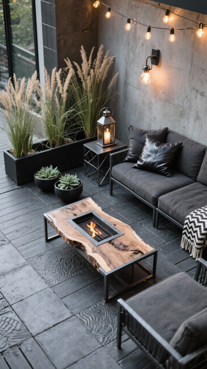 Photorealistic overhead detail shot of industrial chic styling: charcoal deck tiles/stamped concrete base with a live-edge wood coffee table center; edges reveal steel-framed sectional with charcoal cushions; rectangular steel fire pit partially visible; exposed-bulb string lights and a wall-mounted sconce create industrial glow; tall grasses in matte black trough planters and succulent bowls add green; accessories include metal lanterns, geometric side table corner, herringbone charcoal throw and leather-look pillow texture; galvanized metal, concrete, and dark-stained wood materials.