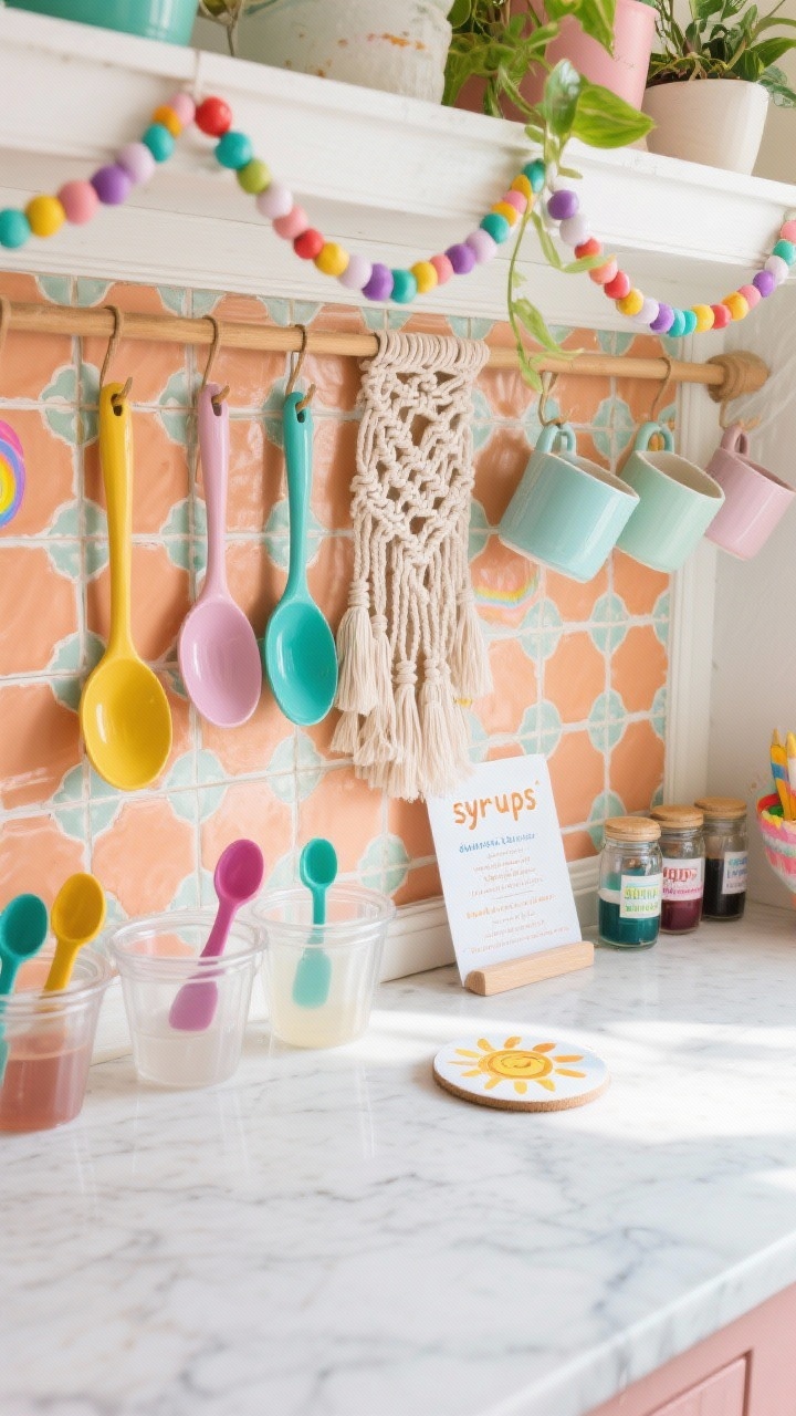 Photorealistic overhead detail shot of the Boho Rainbow Atelier countertop: whitewashed frame edges visible, patterned tile-style contact paper surface, brightly painted ladles and pastel enamel cups hanging from a rainbow bead garland at the top edge, macramé plant hanger tassels drifting into frame, clear tubs with colorful scoops, small paint-wash station jars of watercolors as “syrups”; palette of terracotta, blush, mustard, teal, and lilac; sun motif coaster and hand-painted mini menu card; soft, bright natural light.