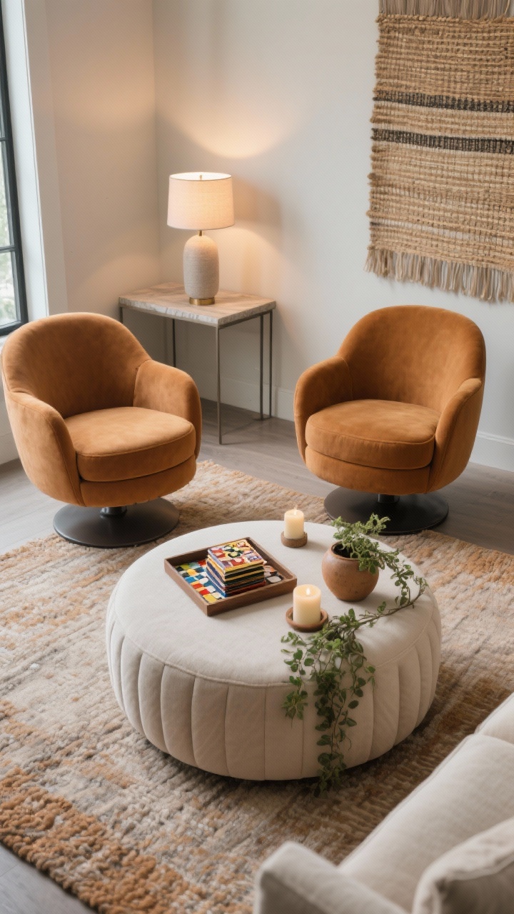 Photorealistic overhead/detail vignette of a cozy conversation den: two plush swivel barrel chairs (tone-on-tone camel and caramel) facing each other around a low round upholstered ottoman in stain-resistant fabric; textured rug in a warm neutral underneath; nearby, a slim console with a dimmable table lamp casting soft glow; a woven wall tapestry partially visible adding acoustic softness; board games stacked in a tray on the ottoman, a ceramic candle, and a small planter with trailing greenery; palette of caramel, camel, cream, and soft gray; intimate, inviting mood.
