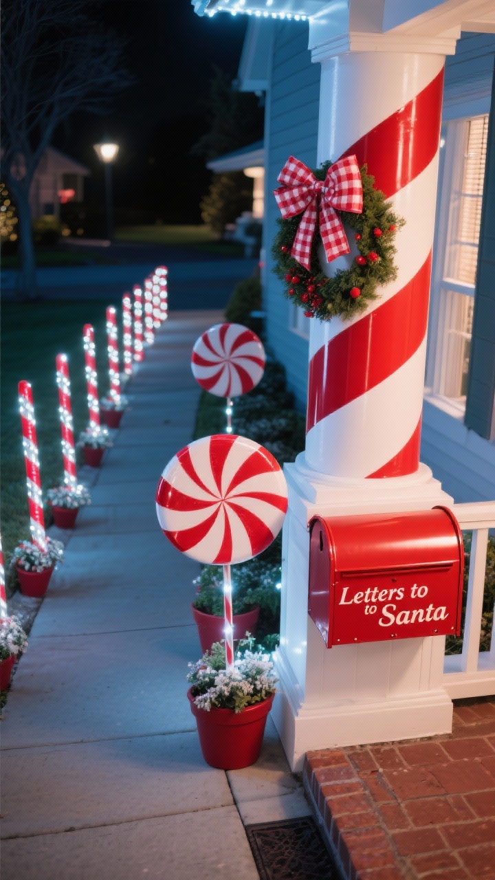 Photorealistic overhead/diagonal detail shot of a Candy Cane Lane walkway section at night: illuminated candy cane stakes in alternating red-and-white lining the path, porch column wrapped in bold striped ribbon, a simple wreath topped with a red-and-white gingham bow, oversized peppermint disc stakes nestled in planters, and a red metal “Letters to Santa” mailbox anchoring the corner. Palette: bright red, crisp white, dash of silver. Textures: glossy enamel, satin ribbons. Lighting: cool-white LEDs for bright, cheerful contrast.