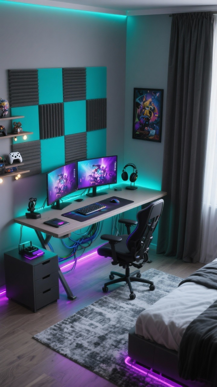 Photorealistic overhead/diagonal shot of a tech-forward gamer den workstation: cool gray walls, floating corner desk with dual monitors, raceway and under-desk tray neatly managing cables; RGB LED strips glowing teal and violet behind the desk and bed (black bedframe partially visible), hex acoustic panels in charcoal and teal on the wall, a compact media cabinet for consoles; include an ergonomic chair, oversized mouse mat, headset stand, framed game art, collectible shelves with tiny spotlights; blackout curtains and a low-pile rug suitable for rolling chairs; sleek, ambient command-center lighting.
