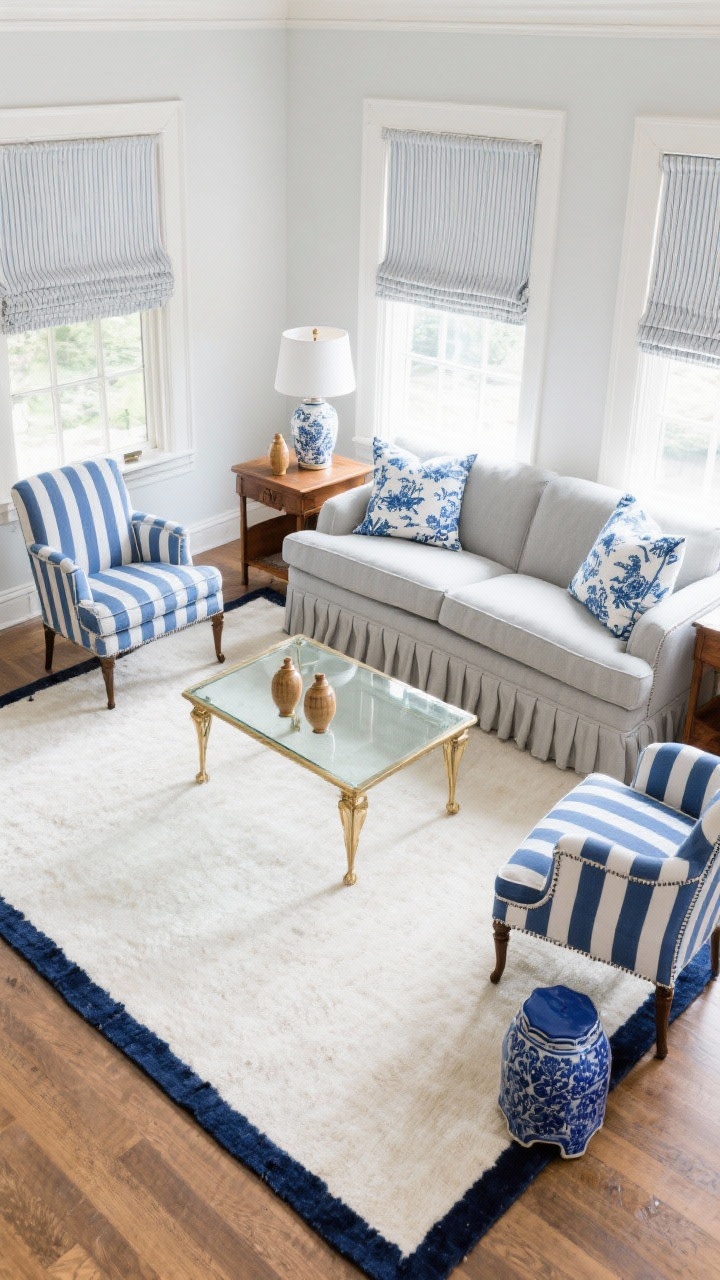 Photorealistic overhead shot looking down on a tailored living room arrangement defined by a wool rug with a crisp navy border and soft ivory field; rolled-arm sofa in pale gray with box-pleated skirt, piped pillows in blue-and-white chinoiserie patterns; two blue-and-white striped slipper chairs opposite the sofa; glass-top brass coffee table keeping the rug visible; ginger jar lamps on classic wood end tables; blue ceramic garden stool; tailored roman shades in fine ticking stripe; bright, clean daylight for a fresh new-traditional feel, no people