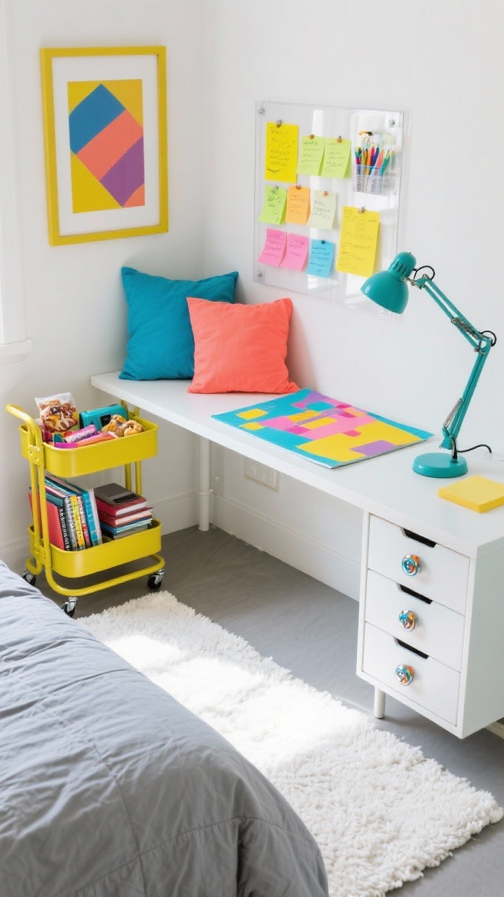 Photorealistic overhead shot of a lively color-pop study station: light gray bedding and a white rug visible at the edges; a desk scene with a bold graphic duvet peeking in frame or color-block pillows nearby in cobalt, coral, and sunshine yellow. A bright pinboard filled with coordinated notes, neon sticky tabs in a clear acrylic frame, a teal task lamp, and a colorful rolling cart stocked with notebooks, snacks, and tech. Show swapped fun metal knobs laid next to a drawer. Palette: gray, white, primary pops (yellow, cobalt, coral). Clean, bright daylight that makes colors vibrant.