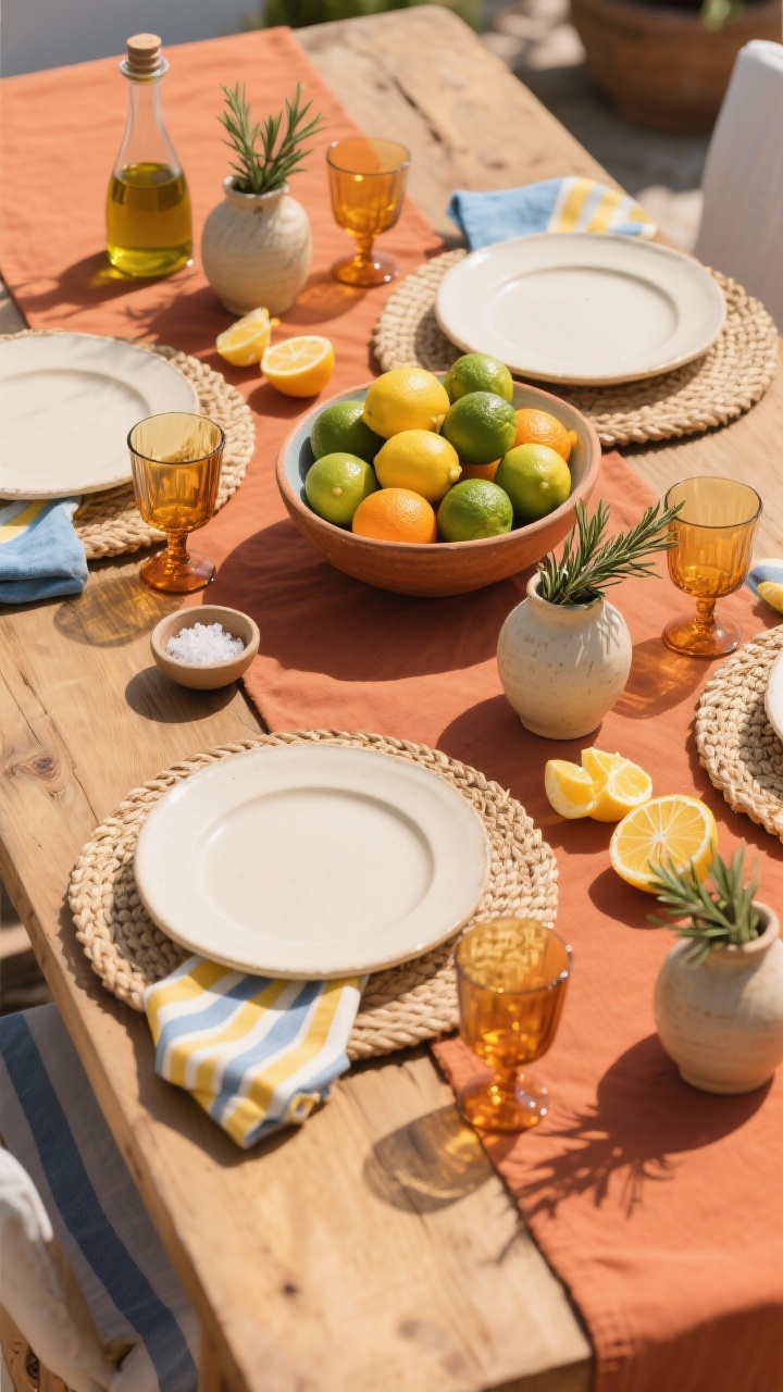 Photorealistic overhead shot of a Mediterranean brunch table: terracotta-toned runner on warm wood, shallow bowls heaped with lemons, limes, and oranges, with a few citrus pieces casually scattered. Small ceramic vessels hold olive branches and rosemary sprigs. Place settings include cream plates on woven chargers, striped napkins in mustard or sky blue, and amber tumblers or clear goblets with citrus slices. A drizzle bottle of olive oil and tiny pinch bowls of flaky salt complete the scene. Sunlit, fresh, bright, and juicy.