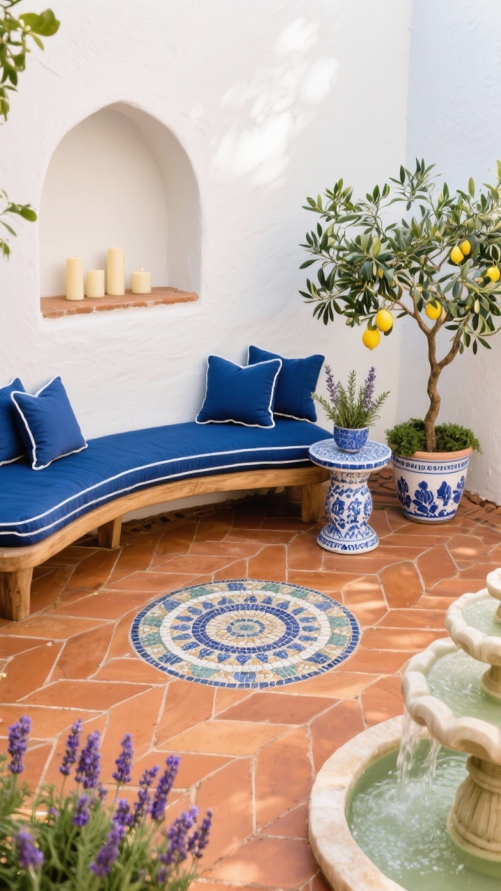 Photorealistic overhead/three-quarter detail of a “Mediterranean Courtyard Oasis”: terracotta tiles laid in herringbone with a circular mosaic medallion centered as the meditation zone; whitewashed stucco wall with arched niche holding candles; curved wood bench with indigo cushions and white-piped toss pillows; blue-and-white ceramic side table; lemon tree and olive tree in painted pots with lavender and rosemary nearby; petite tiered fountain trickling softly. Colors: terracotta, indigo, white, olive green. Mood: sun-baked, tranquil European charm.