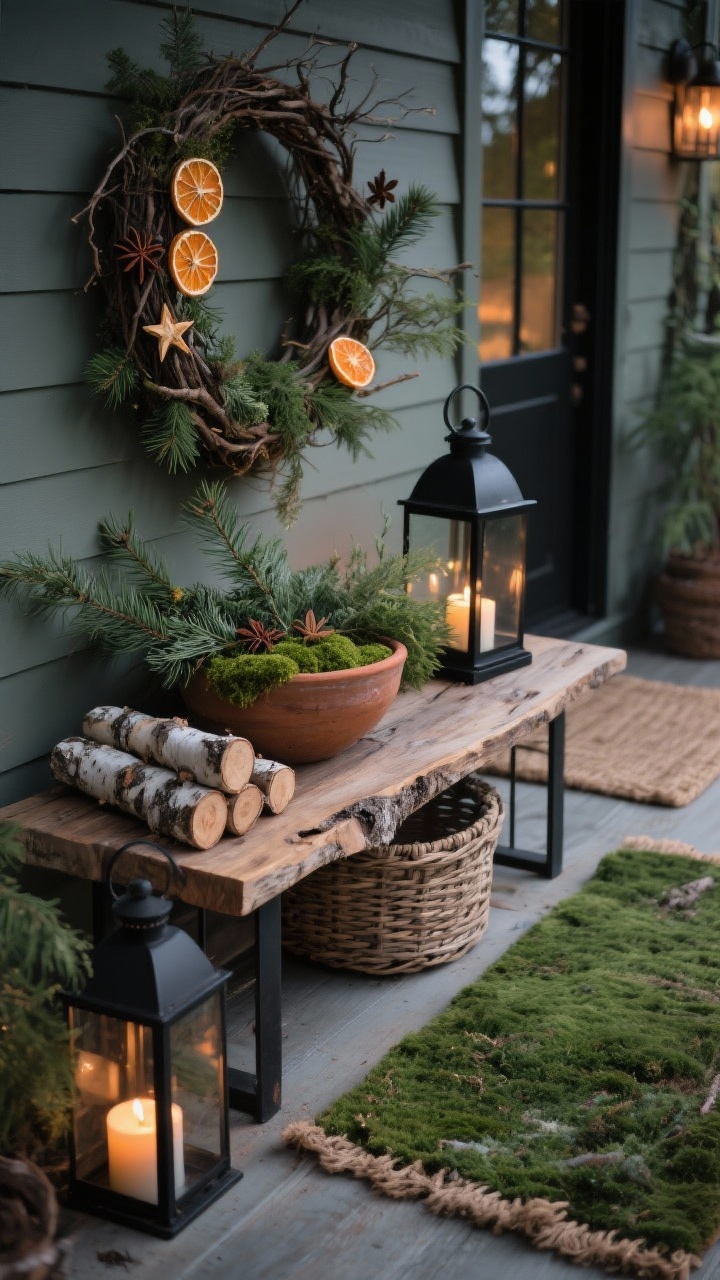 Photorealistic Rustic Woodland Retreat porch, detail closeup from a side angle focusing on textures. Live-edge console table against the wall styled with a basket of birch logs, a moss bowl, and a black iron lantern. Wild greenery—cedar, pine, and juniper—gathered in a rough terracotta pot. Foraged twig wreath with dried orange slices and star anise partially visible in background. Jute rug layered under a forest-green coir mat at the edge of frame. Hurricane lanterns with woodsy-scented candles (fir, smoke, spice) casting warm glow. Palette: mossy greens, bark-brown wood, matte black iron. Moody, earthy evening lighting.