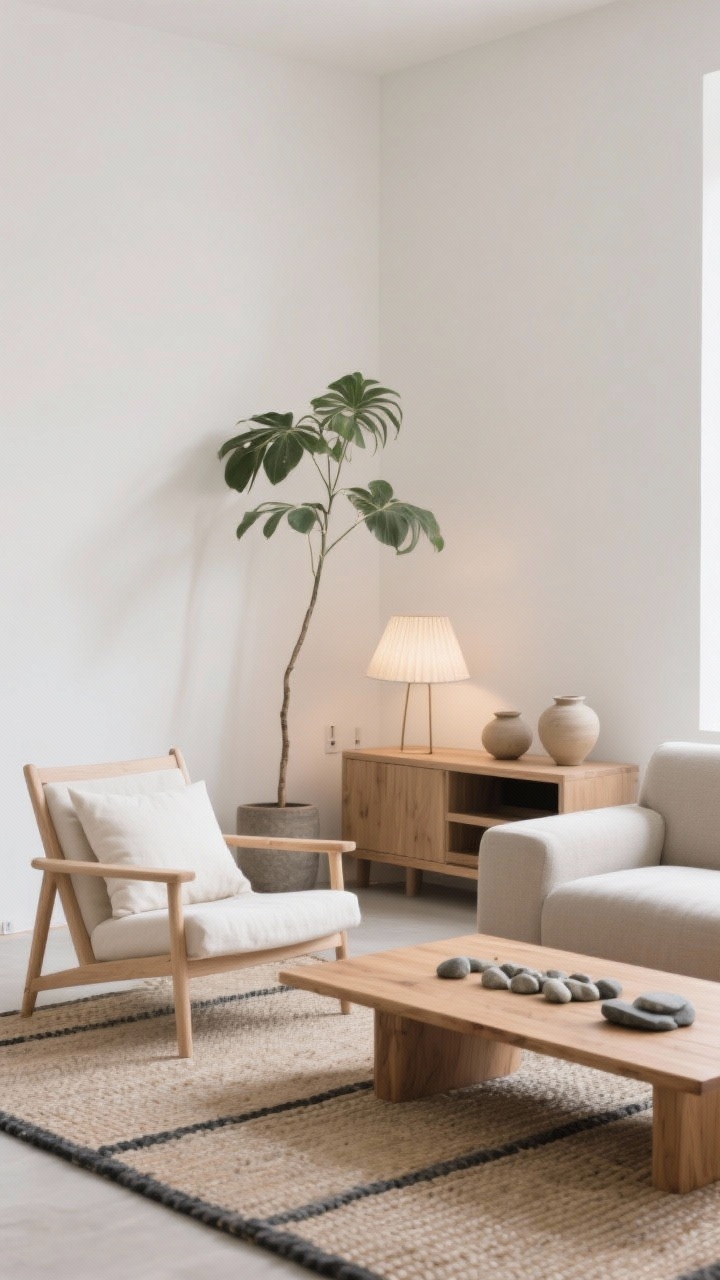 Photorealistic serene wide shot in Japandi style: low, armless lounge chair with a pale ash wood frame and off-white linen cushions; long oak plank coffee table; pebble-toned sofa with clean lines; warm white walls; tatami-inspired weave rug; paper floor lamp glowing softly; trio of neutral ceramics on the media console; asymmetry via a tall plant offsetting the chair; palette of warm white, ash wood, stone, ink; gentle, even lighting, rounded corners and minimal hardware visible, no people.