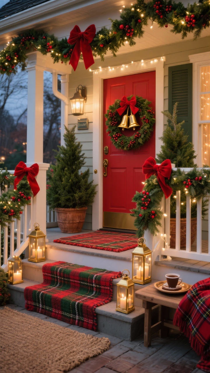 Photorealistic Storybook Red & Evergreen Classic porch, straight-on wide shot, festive and nostalgic. Palette: holly red, deep evergreen, warm brass. Railing wrapped in lush garland with red velvet bows and clusters of holly berries. Two symmetrical planters with full evergreens, brass bells tied on with red ribbon. Full evergreen wreath with plaid ribbon and gold bells on the door. Red-and-green plaid outdoor rug with a classic coir topper. Warm white string lights outlining the entry; brass lanterns staged on each step with cozy candlelight. Slatted wood bench to the side with a tartan throw and a cocoa tray. Twilight glow for cinematic holiday warmth.
