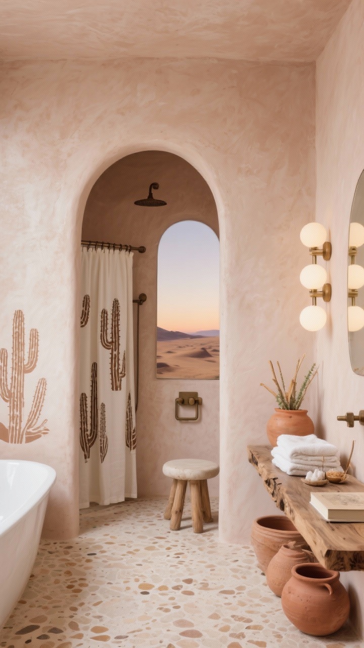Photorealistic straight-on bathroom scene, Desert Boho: dusty blush-beige walls with a painted arch in muted clay behind the mirror; large-format terrazzo floor with warm sandy aggregate; cactus-print shower curtain and a few minimal cactus silhouettes stenciled near the tub; hardware in matte desert bronze; a live-edge shelf holding folded towels; low rounded stool with bath salts and a book; alabaster disc sconce trio emitting soft, diffused light; terracotta ceramics, palo santo, stoneware planters; dawn-at-desert mood; no people.