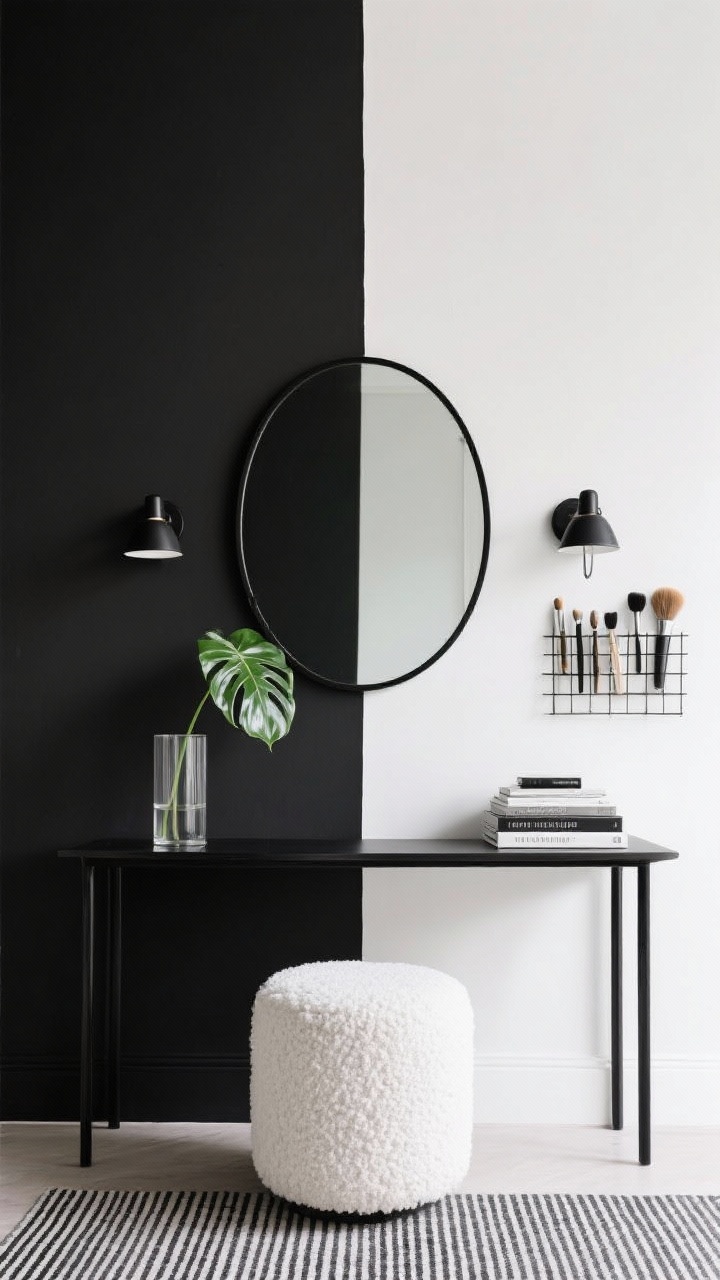 Photorealistic straight-on graphic composition, high-contrast monochrome vanity wall: a sharp vertical black-and-white color block painted behind a slim black console; oversized oval black-framed mirror centered on the split. White boucle stool in front, matte black task sconces on either side. Wall-mounted grid-style organizer holding brushes and tools. Minimal decor: a single monstera leaf in a clear cylinder vase, stack of monochrome books; pinstripe or check rug underfoot. Palette: jet black, optic white, hints of green; all finishes matte for a gallery feel.