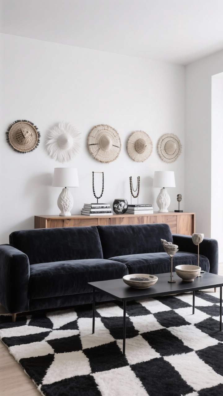 Photorealistic straight-on medium shot, monochrome minimal with soul: graphite velvet sofa, black metal coffee table, and a high-contrast black-and-white geometric rug; on the wall a row of white and natural juju hats; a wood console with plaster lamps and stacks of monochrome photography books; beaded necklaces on stands and ceramic bowls as accents; restrained palette of black, white, and natural wood; calm, even daylight emphasizing crisp geometry and textures of velvet, feathers, plaster, ash wood.