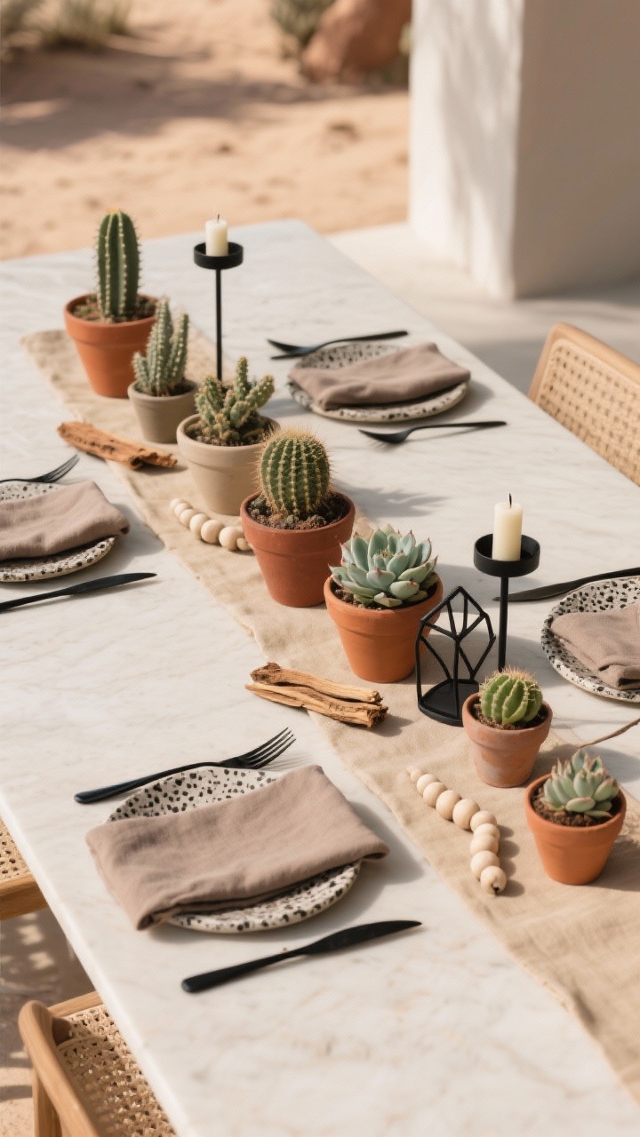 Photorealistic straight-on medium shot of a desert-modern table vignette: bare tabletop with a sand-beige runner, clustered mini cacti and succulents in mismatched matte terracotta pots forming a linear centerpiece. Black metal geometric candleholders provide sharp contrast. Place settings feature speckled stoneware, black flatware, and taupe linen napkins. A few palo santo sticks and bleached wood beads add accent texture. Palette of sand, rust, sage, and onyx, clean lines, warm afternoon light, minimalist yet inviting.