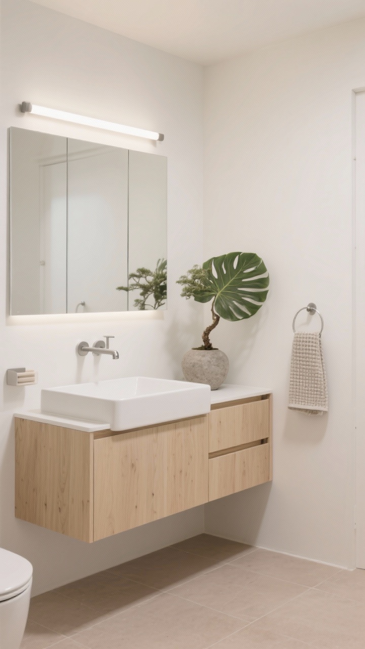 Photorealistic straight-on medium shot of a Japandi calm half-bath: warm white walls, pale maple flat-panel cabinetry with integrated pull; rectangular matte-white vessel sink; sliver mirror spanning the vanity width; linear LED sconce above for soft, even light; large-format porcelain floor in a light clay tone; brushed nickel or soft graphite fixtures; minimal styling with one bonsai or a single Monstera leaf in a stone vase; discreet drawer organizer implied and a slim wall hook holding a waffle towel. Serene, uncluttered mood.