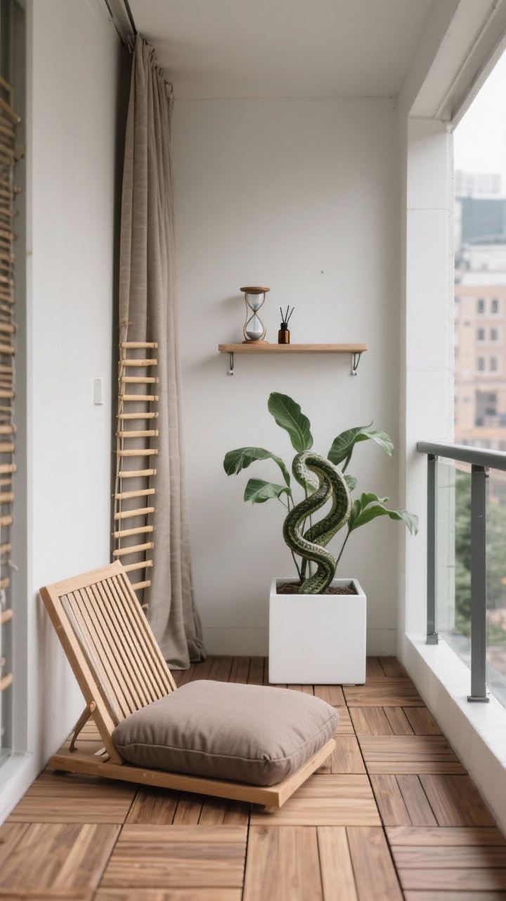 Photorealistic straight-on medium shot of a “Minimalist Balcony Sanctuary”: snap-together acacia deck tiles underfoot; single large taupe meditation cushion with a foldable slatted backrest; tight neutral palette with matte white planter boxes holding a sculptural snake plant; slim wall-mounted shelf with a sand timer and an essential oil diffuser; clip-on bamboo screens for privacy and a neutral outdoor curtain partially drawn; compact urban view blurred beyond. Colors: taupe, warm wood, matte white, deep green. Mood: small-space calm, uncluttered.