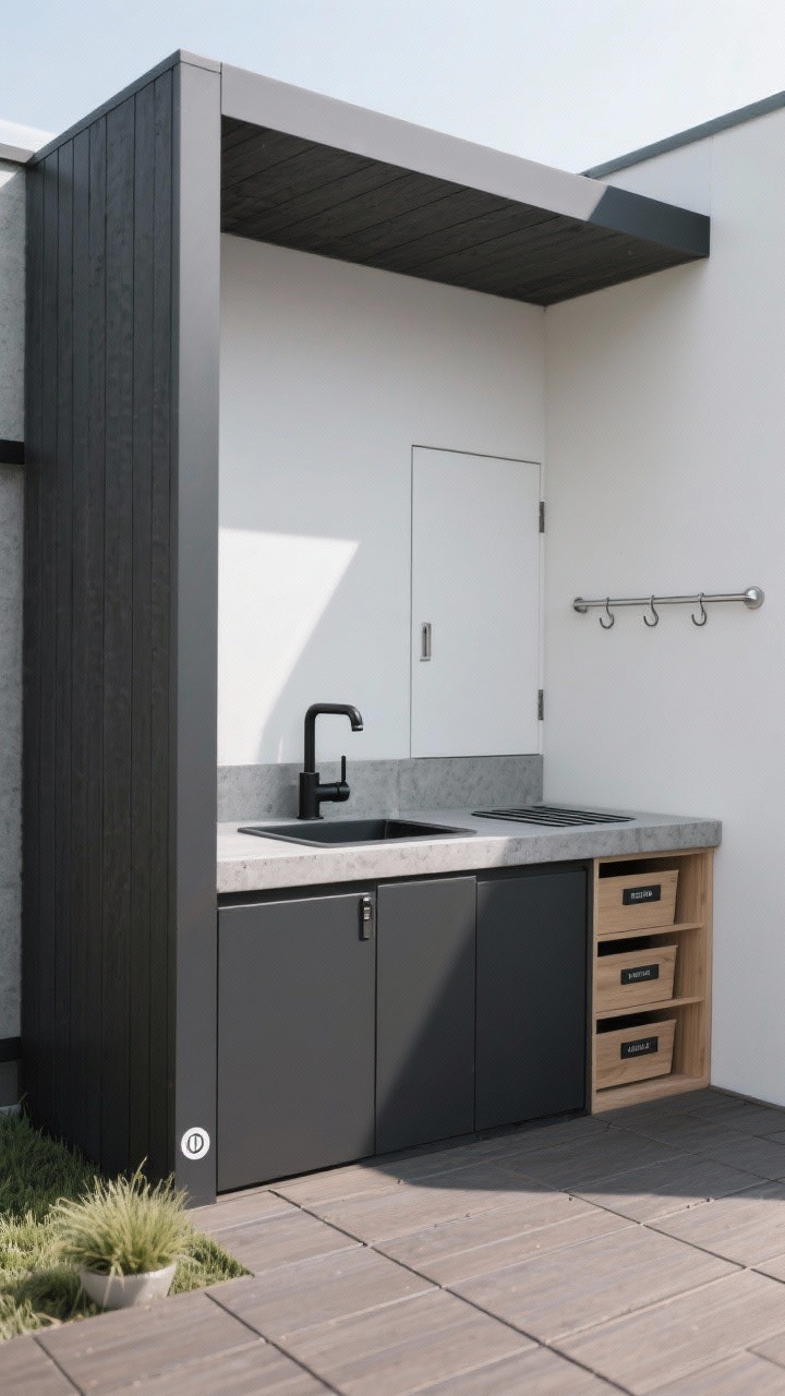 Photorealistic straight-on medium shot of a Modern Minimalist Station: charcoal composite frame with a concrete-look countertop, matte black pull-out faucet, integrated drain board with sloped grooves, flat-front doors with soft-close hinges; palette limited to charcoal, white, and natural wood; hidden labeled stackable bins visible with one door open, a single stainless rail with a few hooks; modular deck tiles in a tidy grid; a single potted grass and minimalist icon labels; crisp, even daylight, calm and uncluttered.