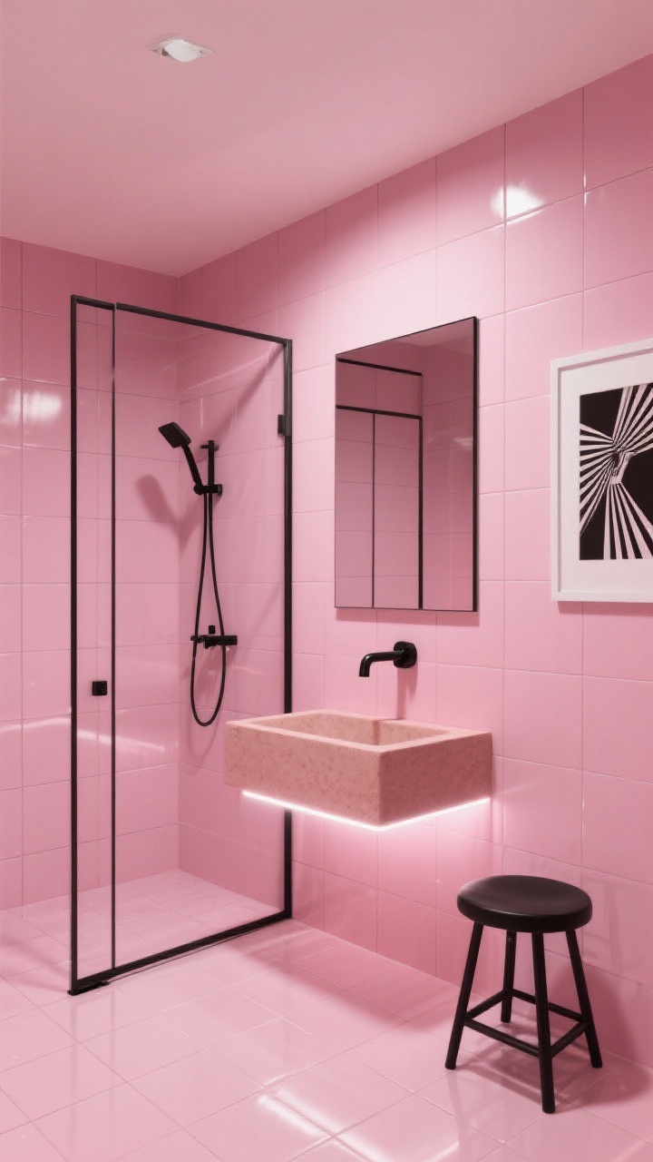 Photorealistic straight-on medium shot of a modern monochrome pink bathroom box: millennial pink glossy square tiles covering floor, walls, and shower niche with color-matched grout for a seamless look; matte black graphic lines—grid-frame shower screen, razor-thin mirror frame, angular wall-mounted faucet; floating clay-pink concrete sink as a sculptural centerpiece; LED strip lighting under the mirror for gallery glow, single black stool, and a bold graphic print with white matting; crisp, high-contrast vibe.