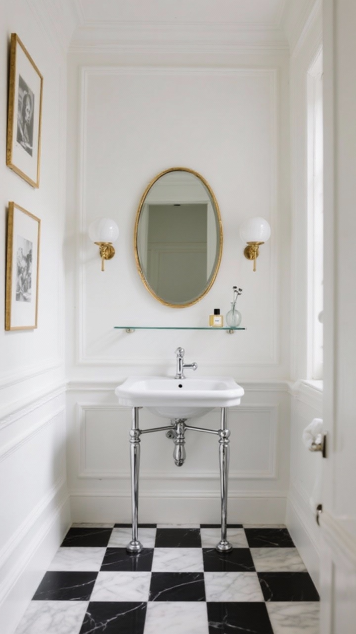 Photorealistic straight-on medium shot of a Parisian black-and-white half-bath: small-scale black-and-white checkerboard floor, ivory walls with picture-frame molding wrapping the room; petite console sink with exposed chrome legs and polished chrome cross-handle taps; gold-trimmed oval mirror; matching globe sconces flanking the mirror; slim glass shelf holding tiny vase and perfumes; black-and-white photography in thin brass frames. Crisp, timeless lighting.
