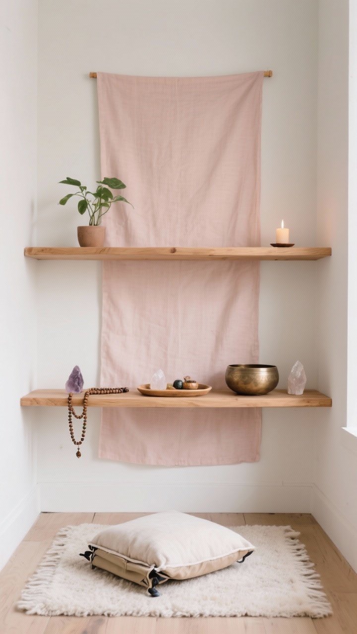 Photorealistic straight-on medium shot of a tiny studio floating shelf retreat: two-tier floating shelves in natural pine or oak—narrow upper shelf with a small plant and candle; lower, deeper shelf as a mini altar with crystals, mala beads, compact singing bowl corralled on a tray. Thin wool pad on the floor with a foldable travel cushion. Fabric wall banner in soft blush or sand hangs behind to create visual enclosure. Colors: soft blush, natural wood, ivory. Clean, vertical, tidy serenity.
