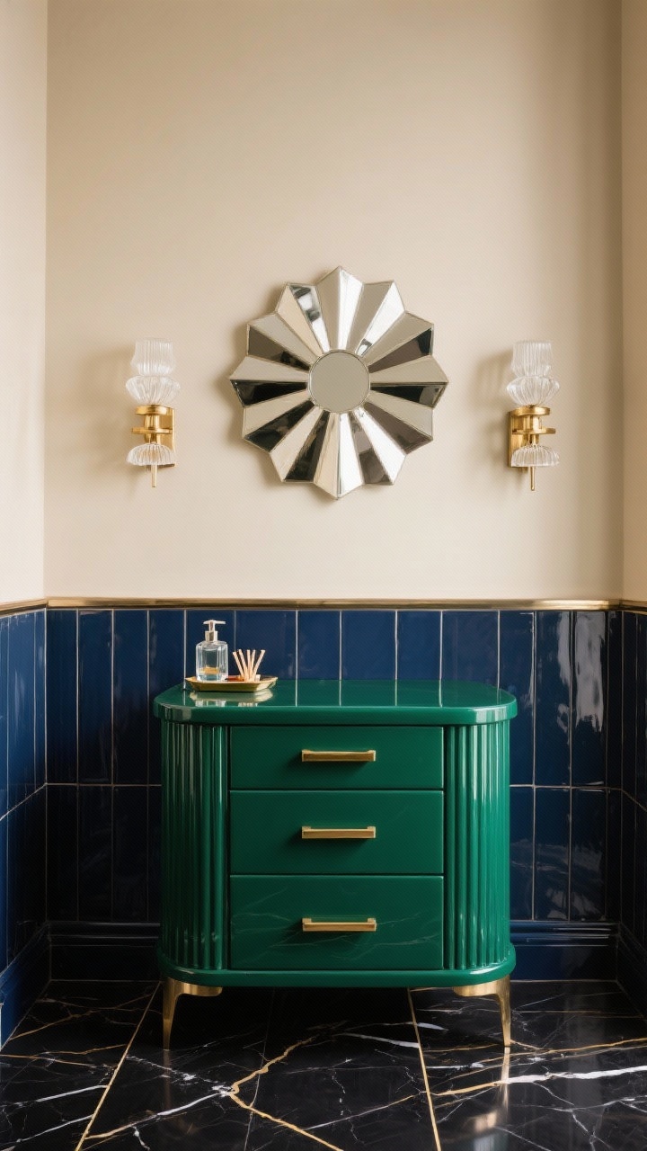 Photorealistic straight-on medium shot of art deco geometry: glossy emerald or inky navy wainscot tile up to chair-rail with metallic schluter trim; upper wall in champagne cream; faceted lacquer vanity with ribbed drawer fronts and polished brass stepped pulls; fan-shaped or sunburst mirror with geometric rays; twin opal-glass sconces with tiered brass backplates; black marble-look floor tile with thin brass inlay; smoky glass soap dispenser and small deco tray holding matches and perfume. Sharp lines, glamorous sheen, balanced lighting.
