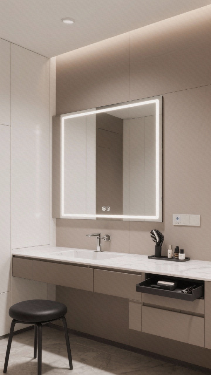 Photorealistic straight-on wide shot of a minimalist built-in vanity wall: a wall-to-wall niche with a matte-lacquered slab counter, flush handleless drawers, and a frameless LED backlit mirror casting seamless, even glow. Palette: taupe walls, warm white cabinetry, soft black stool; finishes include matte white, taupe, soft black, brushed nickel. Subtle hints of hidden functionality: tilt-out hair tool drawer, shallow pull-out for skincare, concealed charging station. Slim quartz or FENIX-style laminate countertop. Hotel-suite sleek, zero visual clutter.