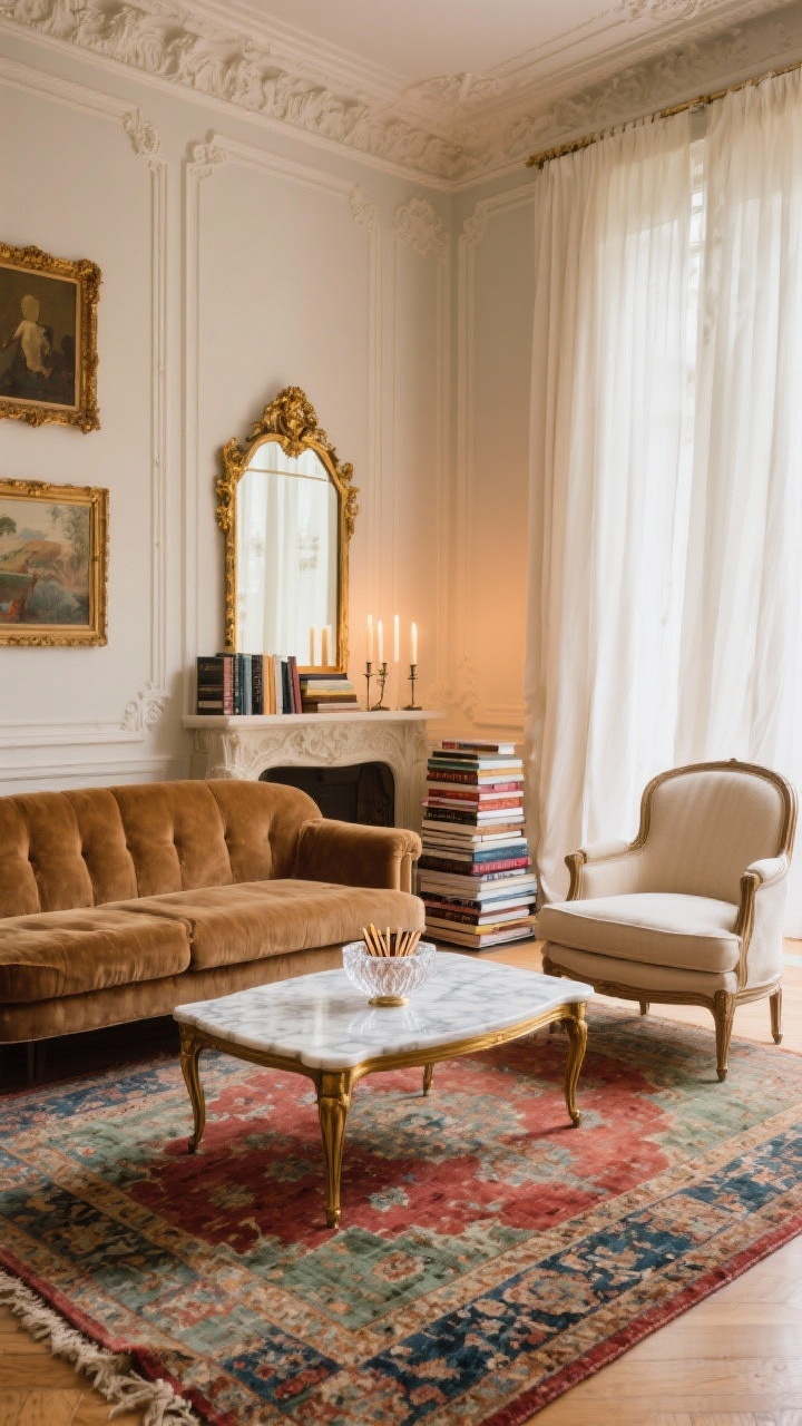 Photorealistic straight-on wide shot of a Parisian-inspired living room centered on a vintage hand-knotted Persian rug with worn, faded crimson, indigo, and moss tones; camel velvet sofa, two French-style bergères in creamy linen, and a marble-topped brass coffee table; crown molding, picture-frame wall trim, and a gilded mirror above; accessories include stacks of art books, tapered candles, and a petite crystal bowl for matches; floor-grazing warm white linen drapes; soft, warm ambient lighting that emphasizes patina and elegance, no people