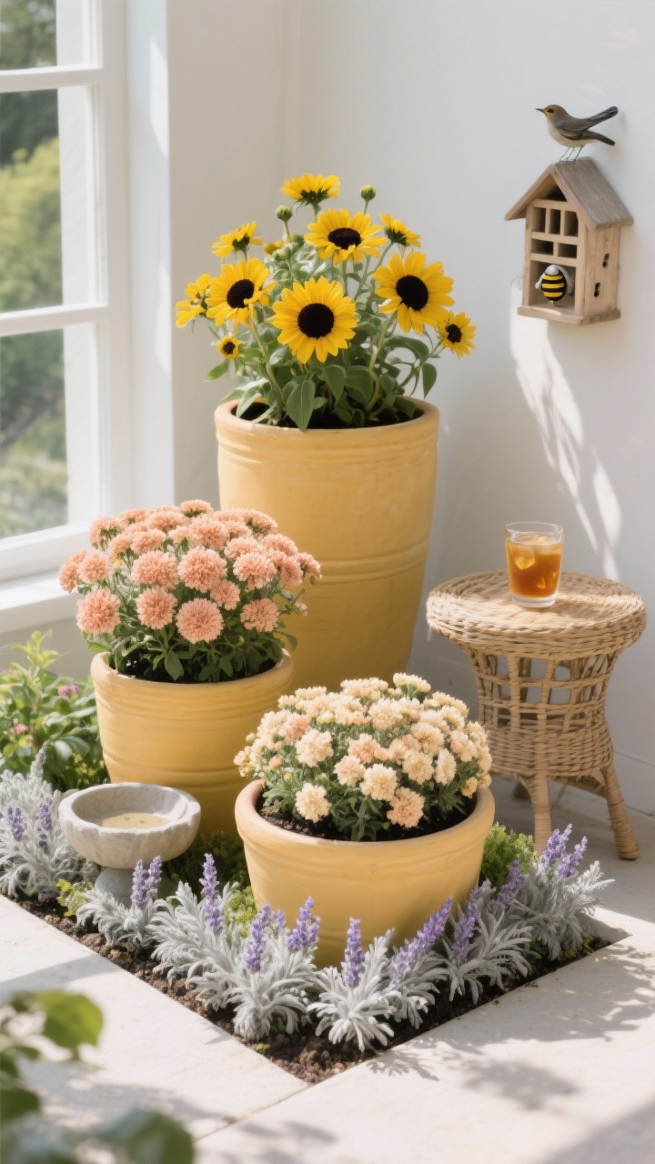 Photorealistic trio composition, slightly elevated angle, showing three nesting planters of the same color family in staggered heights. Tall planter with Black-Eyed Susan (Rudbeckia) golden blooms and dark centers; medium planter with Yarrow (Achillea) in soft peach/cream flat-topped clusters; low planter ringed with silvery Lavender Cotton or Silver Mound Artemisia for a tidy edge. Include a small birdbath, a bee hotel mounted nearby, and a woven side table with iced tea. Palette: golden yellow, peachy blush, silver foliage, dark centers. Clear full-sun light; tidy, layered mini-garden.