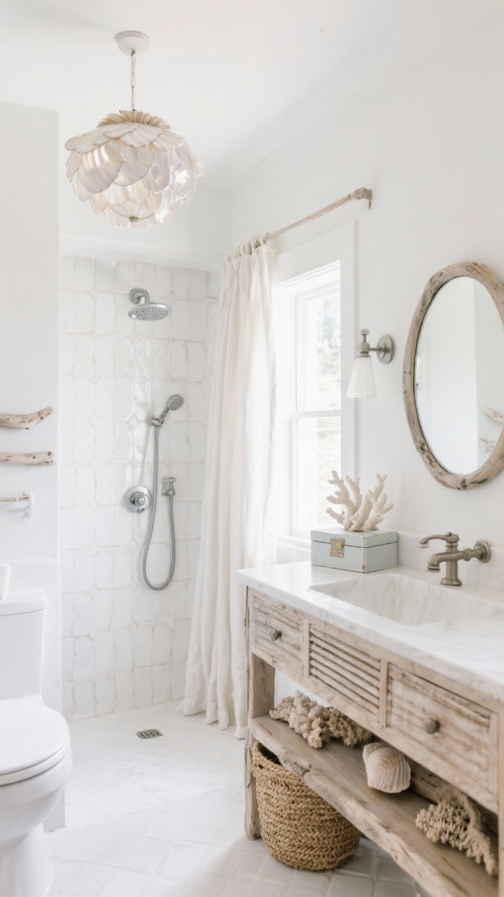 Photorealistic wide, airy bathroom scene, Coastal Nomad: white-on-white palette with handmade white zellige shower tiles in subtly uneven glaze; driftwood-inspired pale oak vanity with open slat shelves; brushed nickel/aged pewter fixtures; round porthole mirror; soft linen curtains diffusing natural light; capiz shell pendant adding shimmer; seagrass hamper, shell-topped boxes, bleached coral, and coastal photography; crisp, breezy feel; no people.