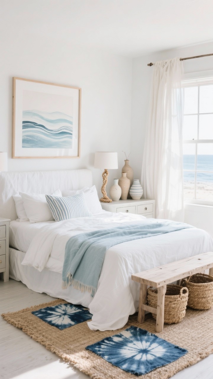Photorealistic wide airy bedroom, Coastal Boho Breeze: white linen headboard/slipcovered bed with crisp white bedding, pale blue throw, and soft stripe pillows; bleached wood bench at the foot; seagrass baskets for storage; sheer curtains moving gently; natural fiber rug underfoot; indigo shibori textiles framed in thin light wood or simple abstract wave prints on the wall; rope-detailed table lamps; cluster of ceramic vases in sand and seafoam on a dresser; palette of white, soft blue, sand, driftwood; bright natural daylight from a window; straight-on shot.