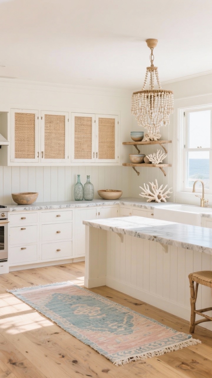Photorealistic wide, airy coastal-boho kitchen with whitewashed cabinets, cane-front upper doors, soapstone countertops, and a beaded chandelier over a slim island; palette of sand, driftwood, and seafoam with vertical tongue-and-groove backsplash in soft ecru, wide-plank sun-kissed oak flooring, shelves styled with hand-thrown bowls, ethically sourced coral fragments or convincing faux, and textured glass bottles; a faded Turkish runner in muted blues and blush; bright, diffuse daylight from large windows, straight-on composition.