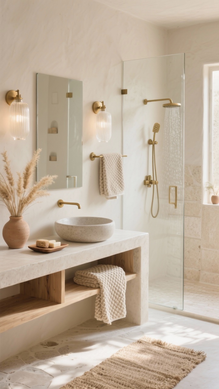 Photorealistic wide bathroom shot, Sand-Dune Serenity: a calm, sunlit space in layered sand, oatmeal, and cream tones; matte stone-look vessel sink atop a pale raw-wood vanity with open shelves; microcement or pale tumbled limestone floor with a nubby jute runner; clear glass shower enclosure with a brushed brass rainhead; fluted glass sconces casting a warm glow; waffle-weave towels, dried grasses in a clay vase, and a shallow wooden tray with artisanal soaps; brushed brass and stone-look ceramics throughout; no people.