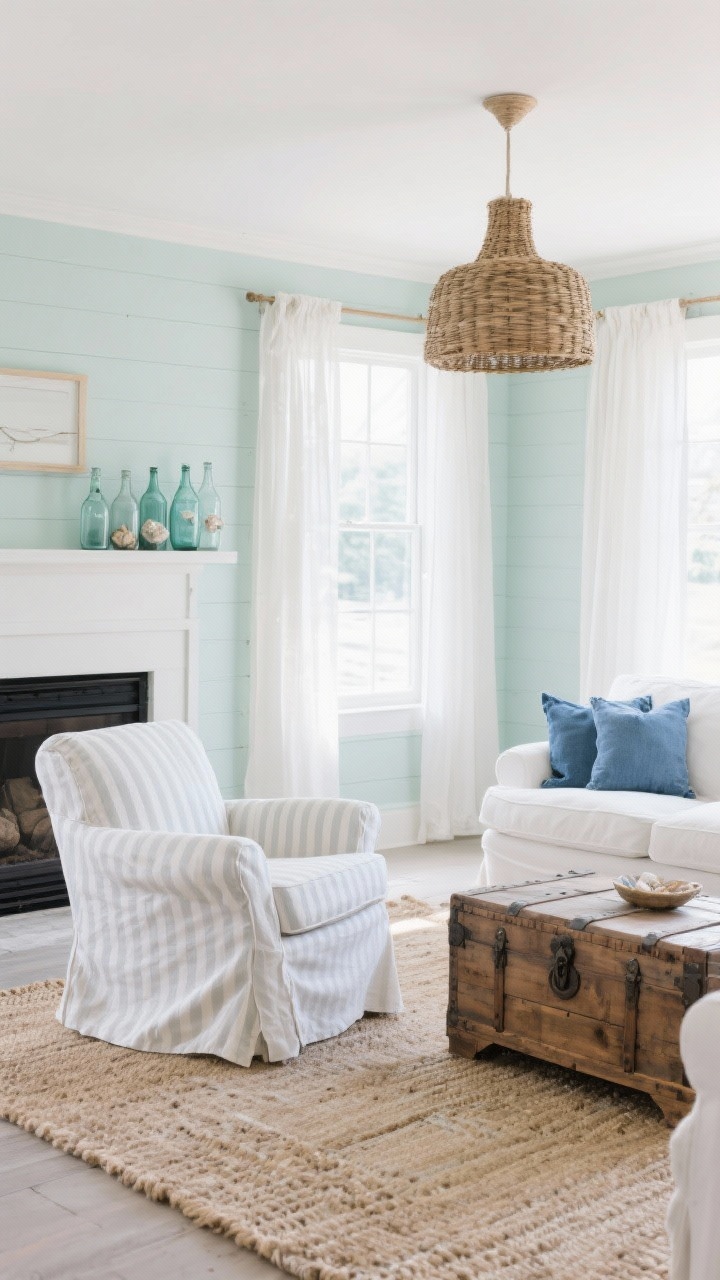 Photorealistic wide coastal living room: a slipcovered chair-and-a-half in white ticking stripe, wide and inviting, on a relaxed jute-and-wool blend rug; weathered pine trunk coffee table with hidden-storage vibe; walls in a whisper of seafoam, windows with airy white gauzy curtains; woven rattan pendant overhead, sea glass bottles clustered on the mantel, washed-denim pillows on seating; simple white slipcovered sofa for cohesion; palette of white, seafoam, sand, soft denim; bright breezy daylight, no people.