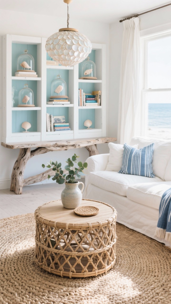 Photorealistic wide coastal living room with a woven rattan drum coffee table centered on a chunky braided jute rug. A crisp white slipcovered linen sofa faces a weathered driftwood console; tall white bookcases hold shells-in-cloches and travel books. Palette: sea glass blues, sandy beige, warm white. Lighting from a capiz shell pendant producing a soft, pearly glow. Accents on table: ceramic pitcher with eucalyptus and woven coasters; a blue-striped throw draped on sofa arm. Breezy, airy feel, straight-on perspective with daylight streaming in.